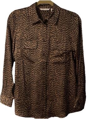 Soft Surroundings 100% SILK Blouse-XS Brown Black Animal Print Long Sleeve